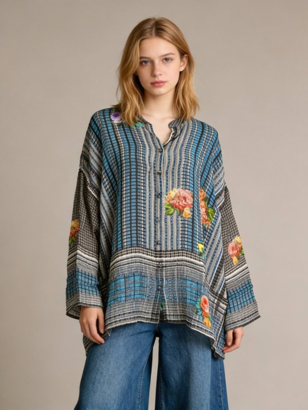 NWOT Johnny Was Oversized Floral Print Multicolor Button-down Shirt Blouse Sz S